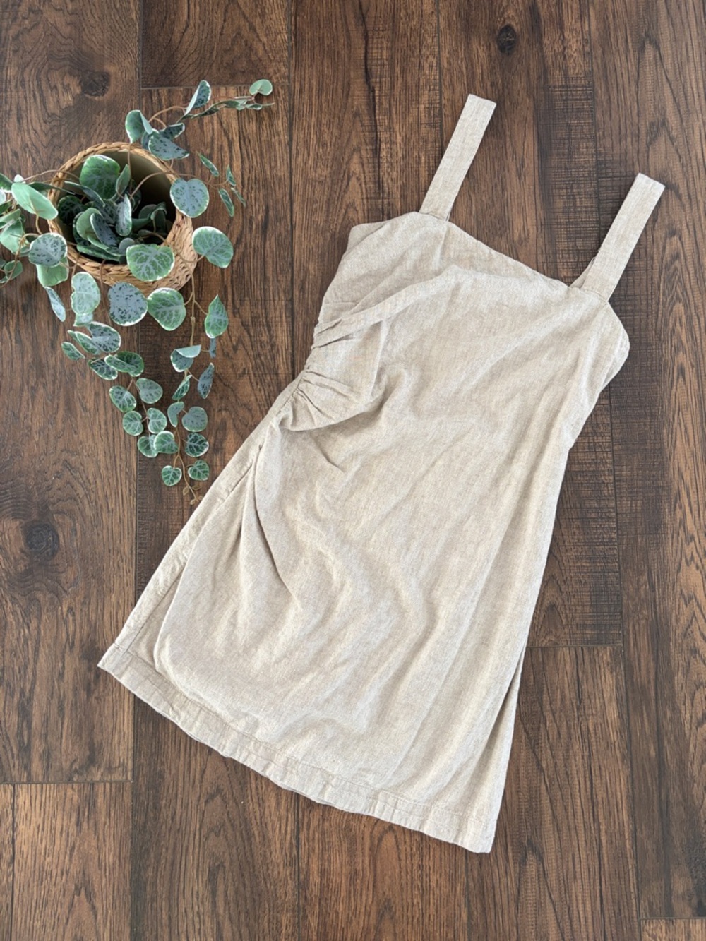 Abercrombie and Fitch Linen-Blend Ruched Squareneck Mini Dress in Beige - Picture 1 of 7